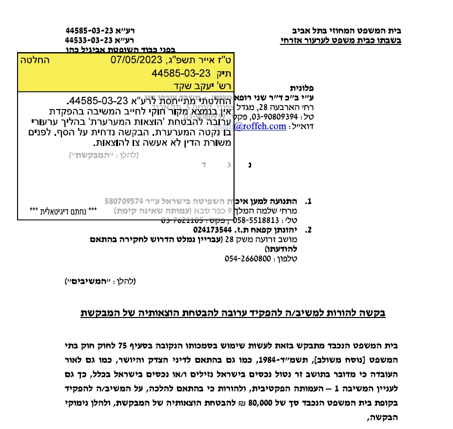 יעקב שקד צוחק על שני רופא שהגישה ערעור וביקשה שהמשיבים יפקידו עירבון