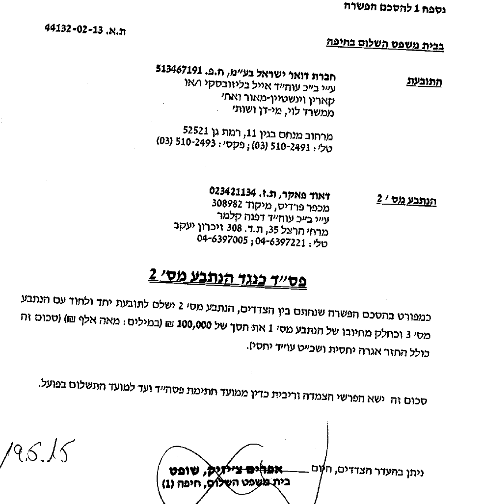 פסד חברת דואר ישראל נ דאוד פאקר הנתבע ישלם 100000 שח תא 44132-02-13